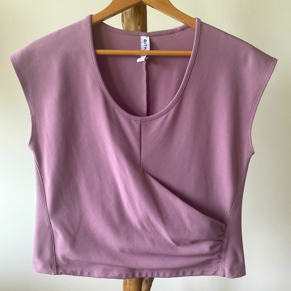Athleta Bayview Mauve Tee, Faux Wrap, Cropped Active Wear Top, Size Large - Picture 3 of 7